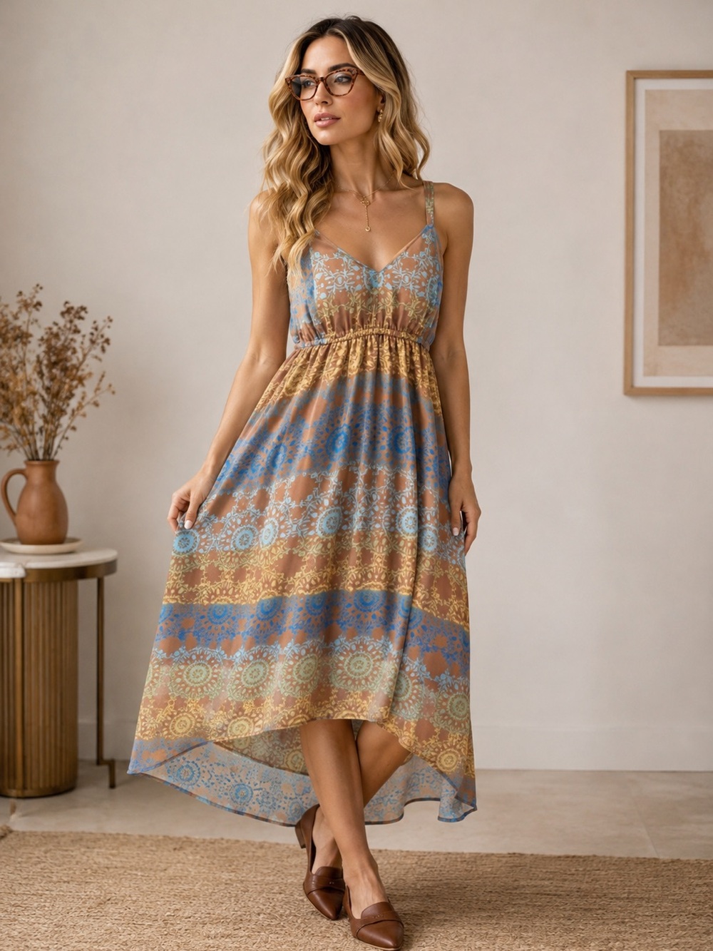 Decree High-Low Boho Empire Waist Tan Blue Paisley Floral Tied Back Size M